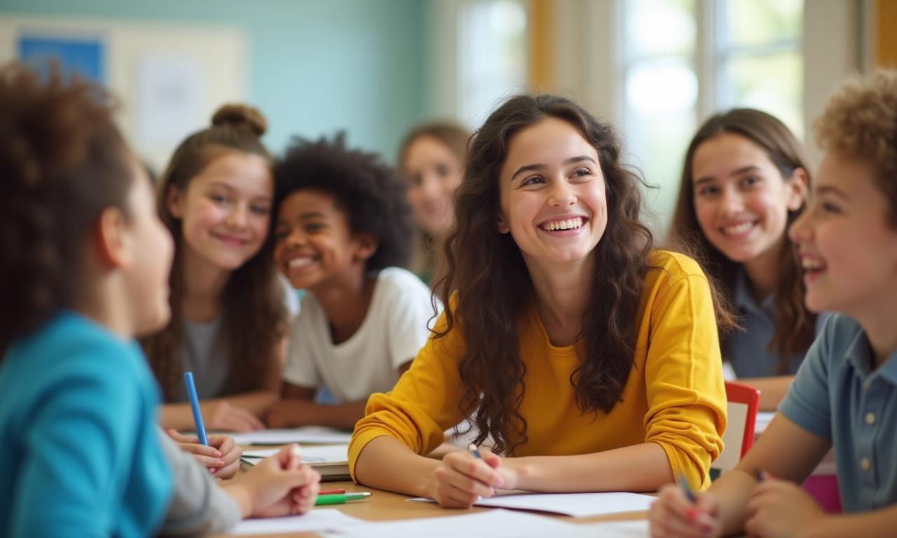 Estudiantes multiculturales sonriendo y aprendiendo juntos, representando fluidez global.